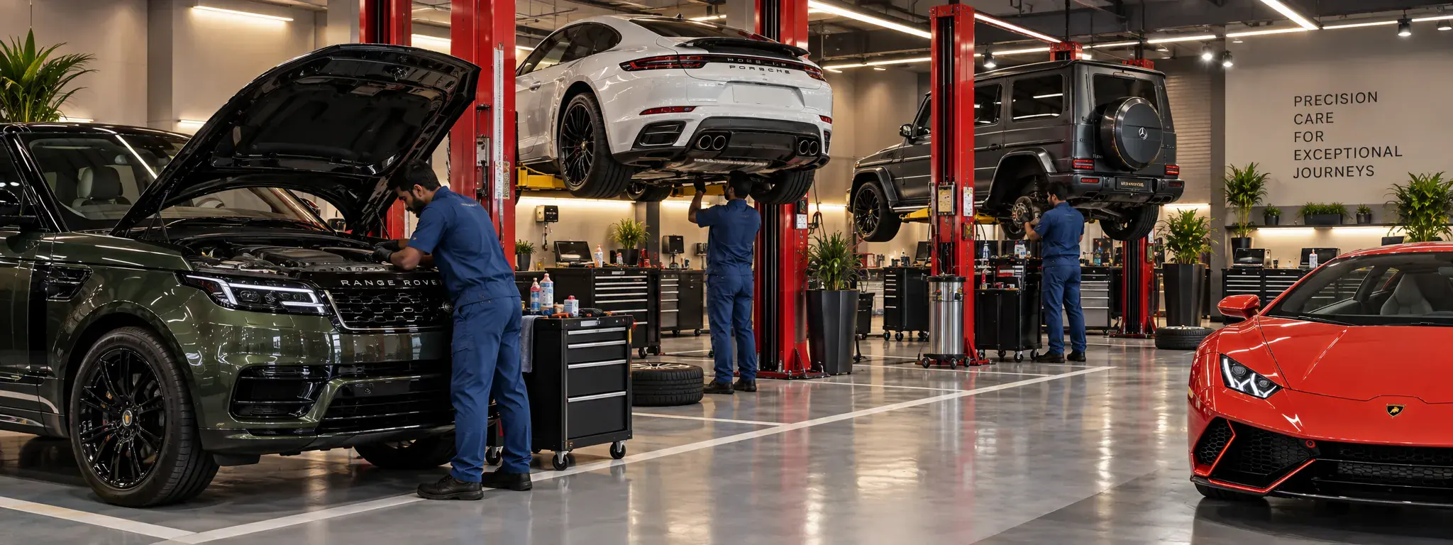 A technician working on a Range Rover with the bonnet open in the Royal Zone workshop, Dubai