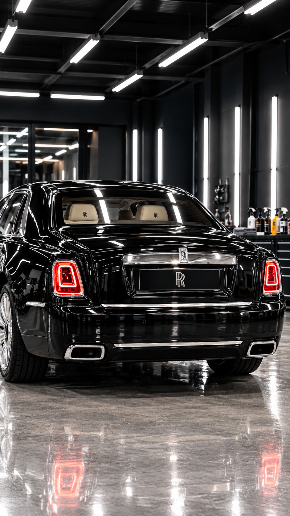 Rear of a black Rolls-Royce with a mirror-gloss ceramic finish