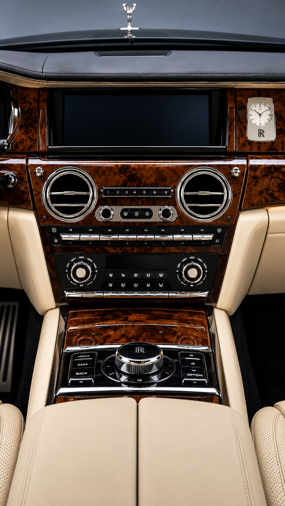 Burr walnut dashboard and console of a Rolls-Royce