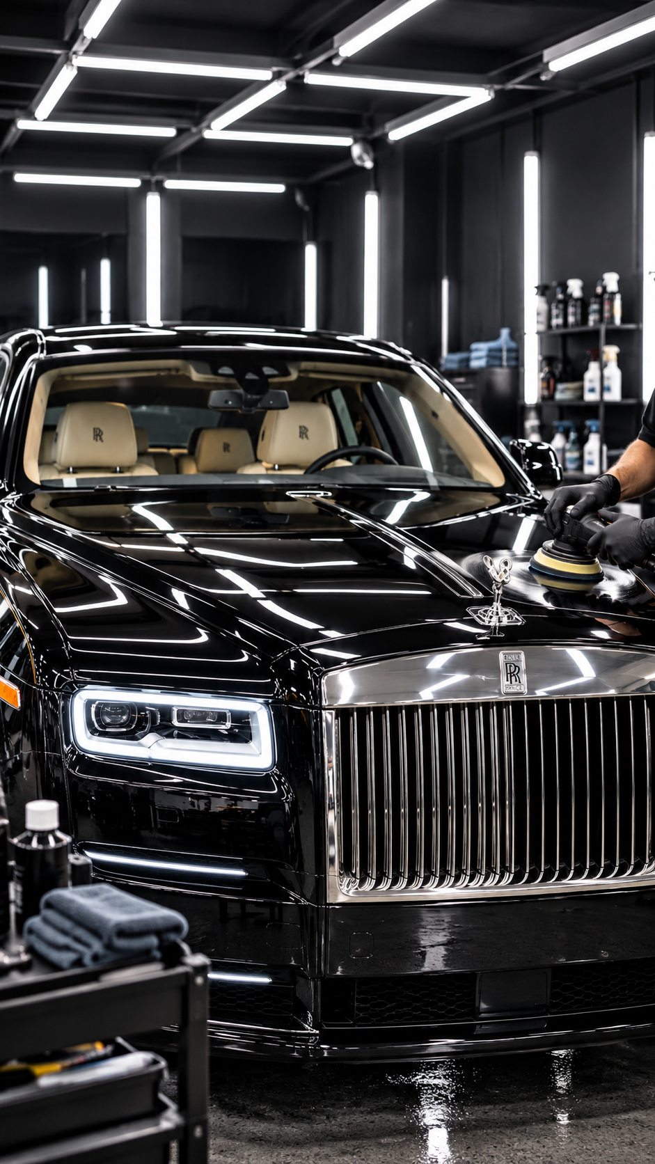 Black Rolls-Royce being machine polished in the detailing studio