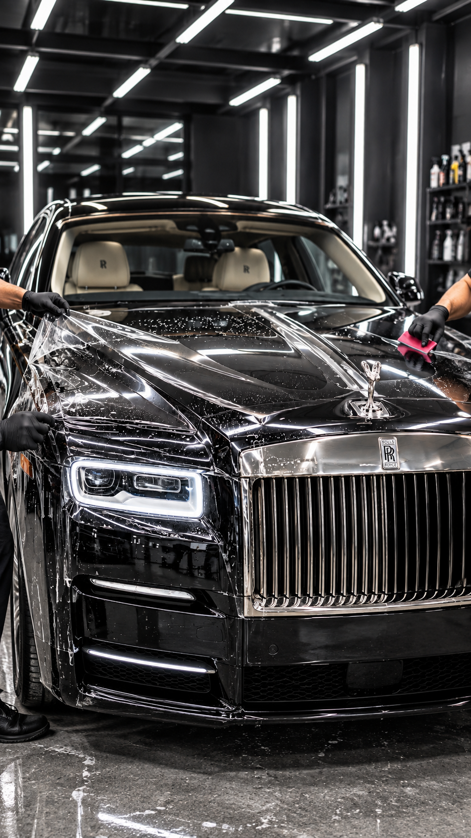 Paint protection film being applied to the front of a Rolls-Royce