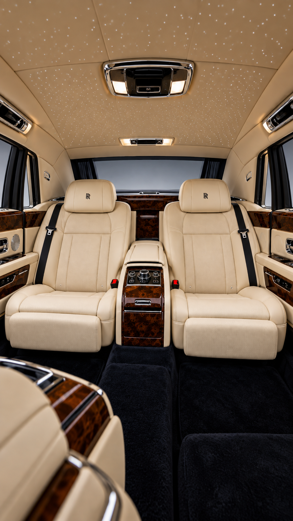 Cream leather rear cabin of a Rolls-Royce