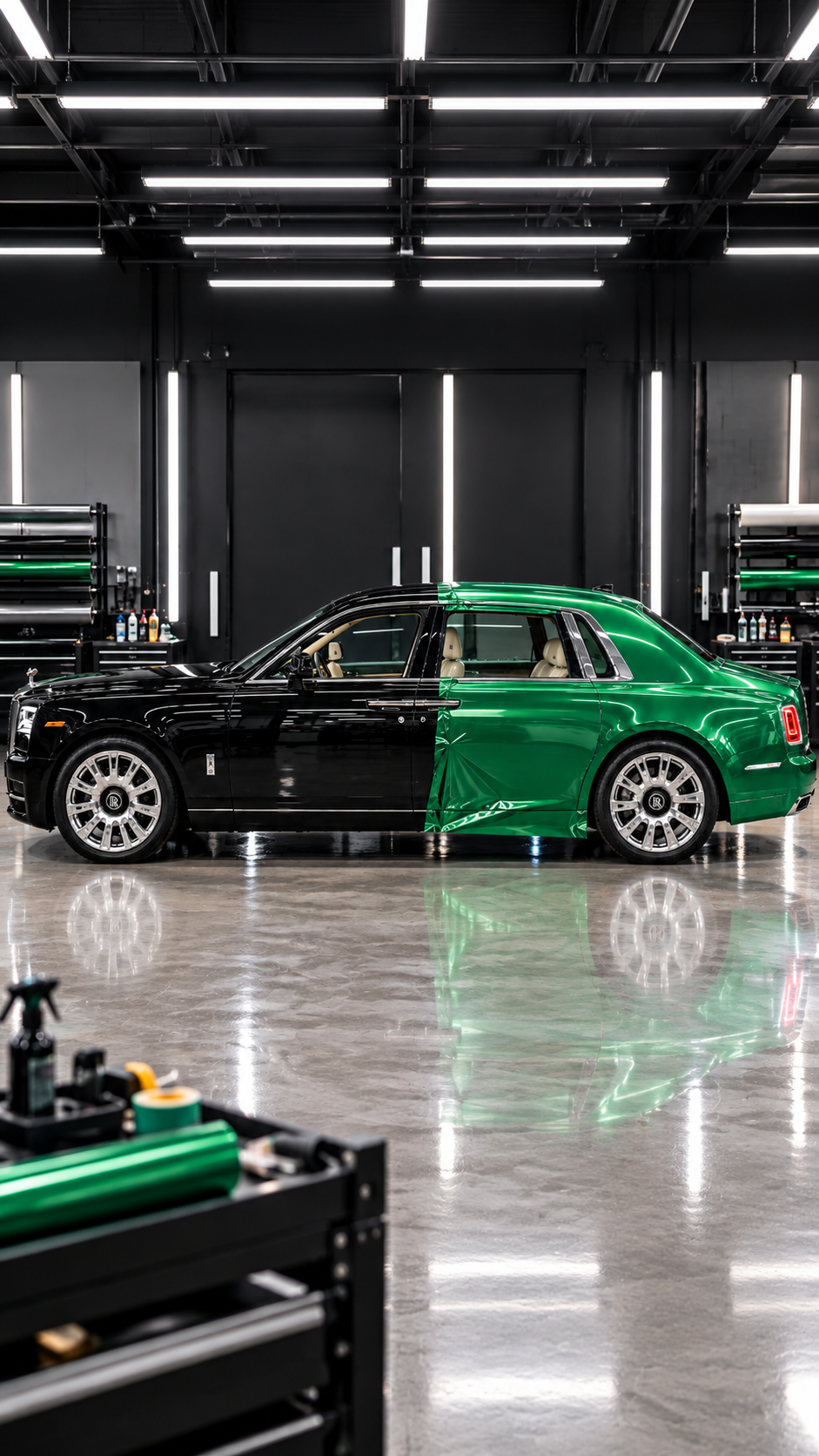 Rolls-Royce half wrapped in emerald green in the studio